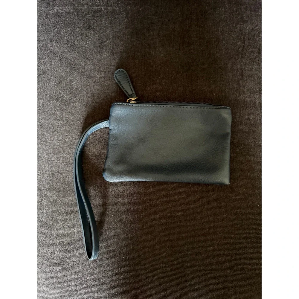 Navy Blue Vegan Leather Wristlet Pouch Zippered Mini Clutch with Damask Lining